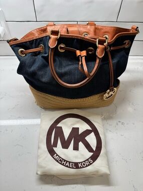 Michael Kors Denim and Straw Drawstring Tote Satchel with Leather Trim